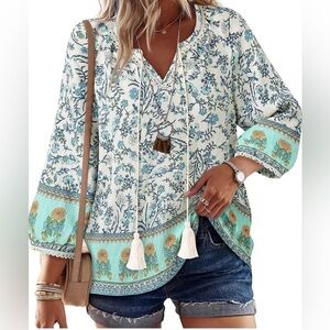 Boho Western Floral Blouse Mint Teal Peasant Tassel Top XL NEW